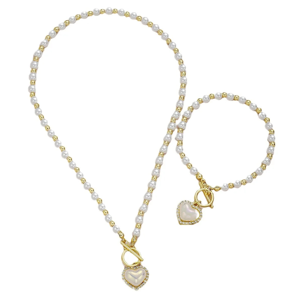 1Set New Personalize, Fashion, And High-End Set with Zircon Heart-Shaped Pearl Bracelet, Earrings, And Necklace, Three Piece Set